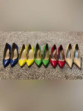 5 Pointed Toe Patent Pumps Yellow Green Red Blue Nude Heels Size 7 Lot Bundle